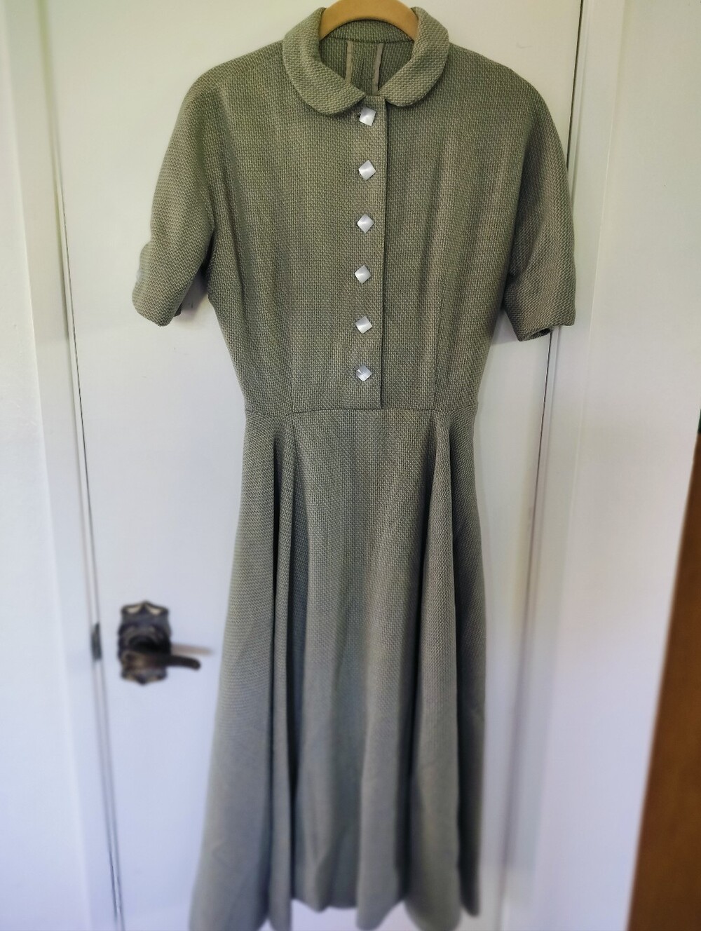 Vintage Fit & Flare Day Dress Sage Green Woven Tweed PeterPan Collar Handmade XS